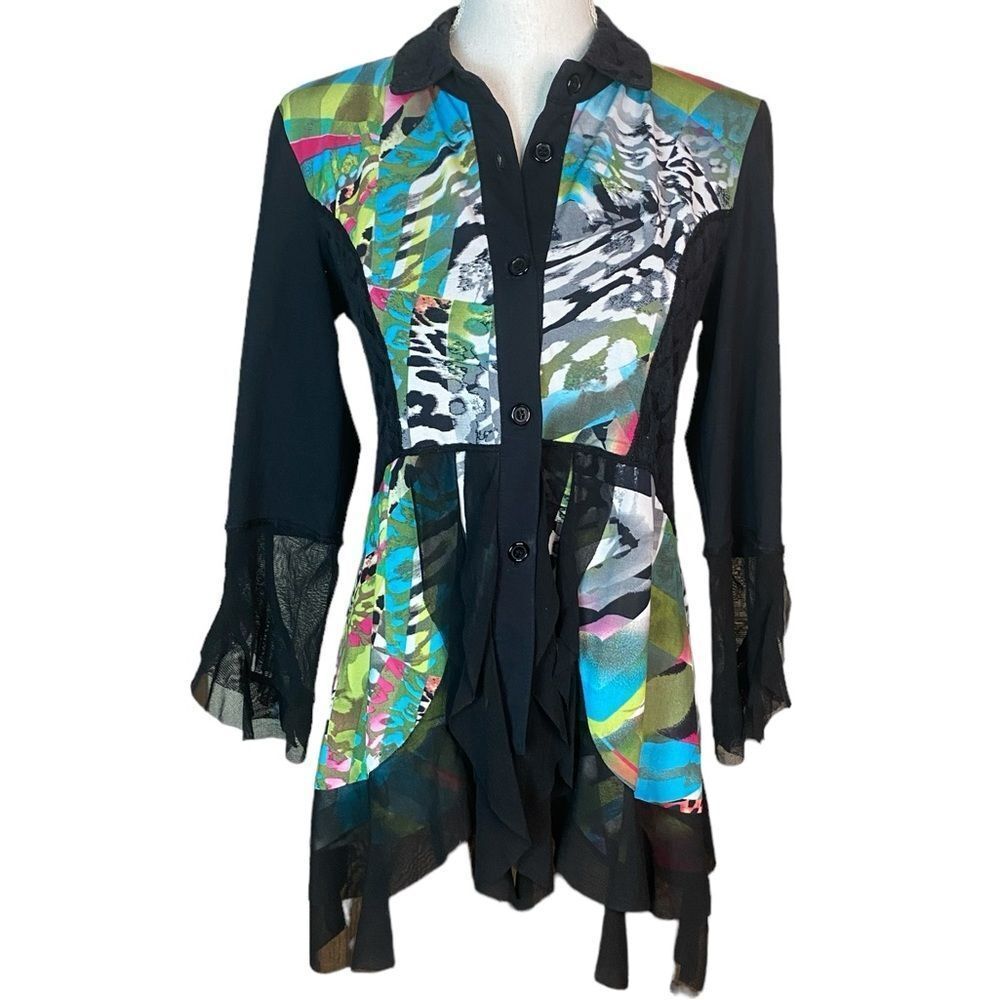Mechant Wms Sz XS Colorful Multi Media Felt Lace Sheer Layered Peplum Button Top